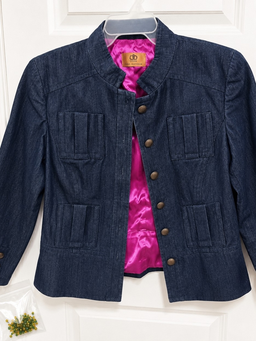 Dana Buchman Denim Jacket Petite 12 NWT Structured Military Style Pink Lining
